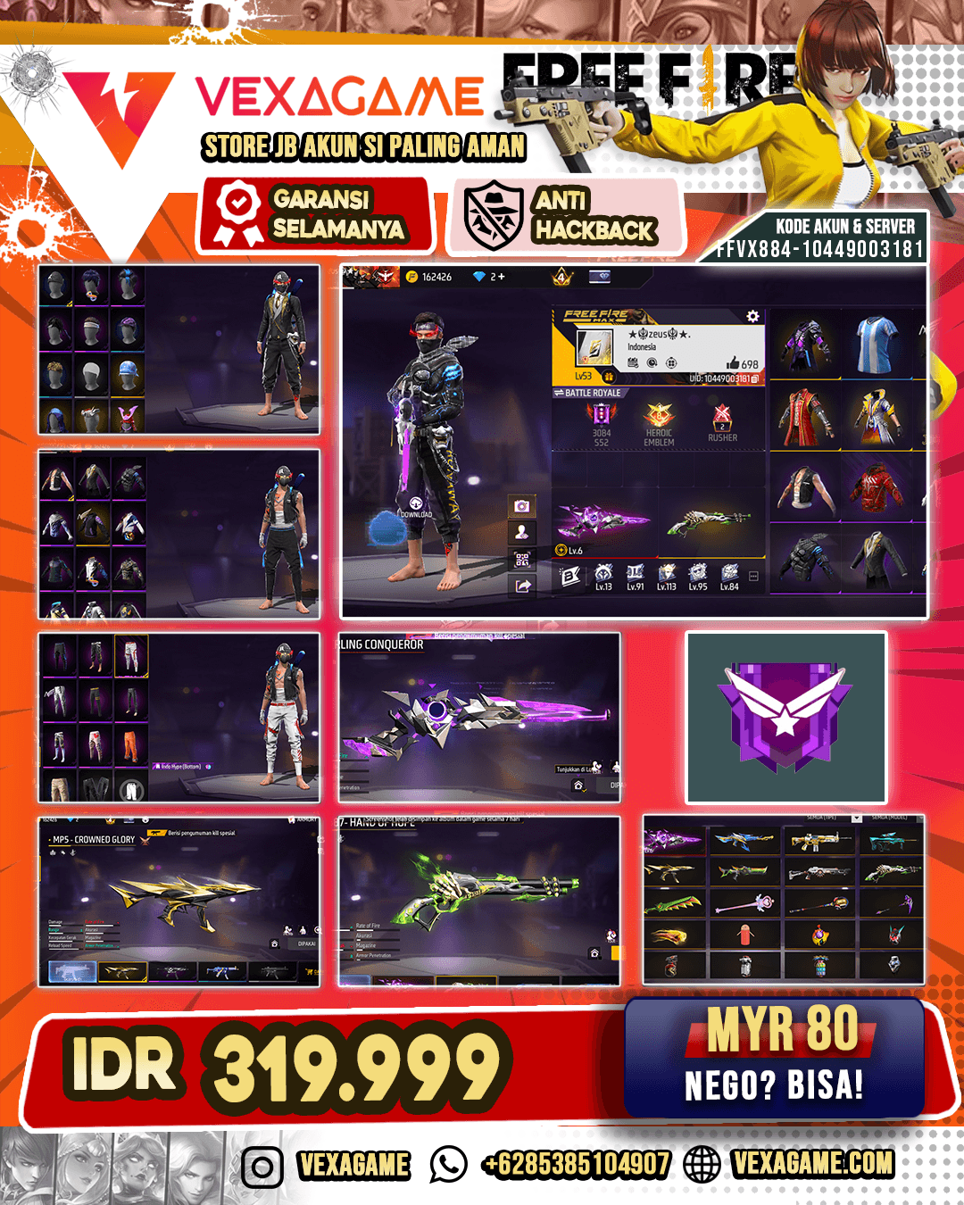 SG Lumut | SG Sterling Conqueror Lv 6 | MP5 Crowned Glory | AK47 Uicorn's Rage | Backpack Bunny | Celana Angel | Vault 100+