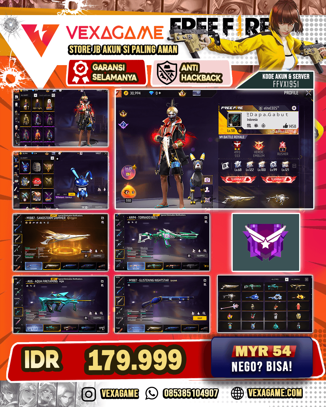 SG Gurun | Vault 100++ | Bundle JJK | Bundle Jiraya | AN94 Tornado Bolt | AUG Aqua Firetaming | MP5 Crowned Glory | Vector Cobble Dragon