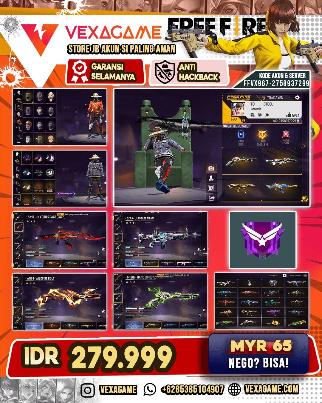 Celana Angel | AK47 Unicorn's Rage Lava | SCAR Ultimate Titan | XM8 Toxic Pumpkin | AN94 2 Rasa | AUG Aqua Firetaming | Parafal Siluman Elang Putih | SG Lumut | Vault 250+