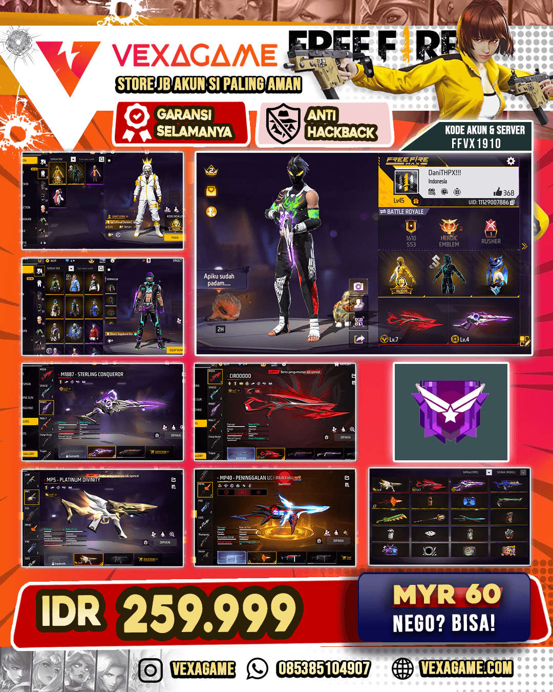 EVO 3 MAX 1 | SG STERLING LV 4 | CIROOO MAX LV 7 | MP5 PLATINUM DIVINITY LV 4 | M40 PENINGGALAN UCHIHA | FAMAS MIDNIGHT CITYSCAPE | SLEEPYHEAD BUNDLE | VAULT 60 +++