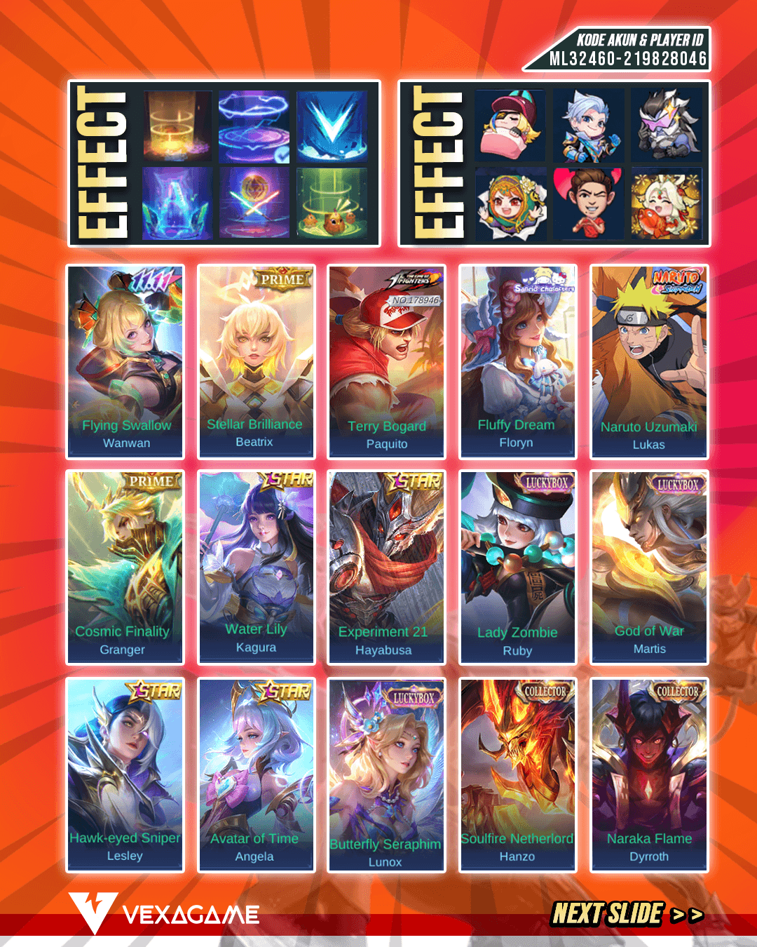 3 Legend | 2 Exorcist | 6 Aspirants | Roger Metro Zero | Selena Zenith | 3 Transformers | Irithel Ducati | 2 Sanrio | Paqutio KOF | Badang Saint Sieya GOld | Thamuz 11.11 | Ling Kungfu Panda | Ling Neo Beast | 3 Collector | Emblem Hero MAX| Ex Immortal