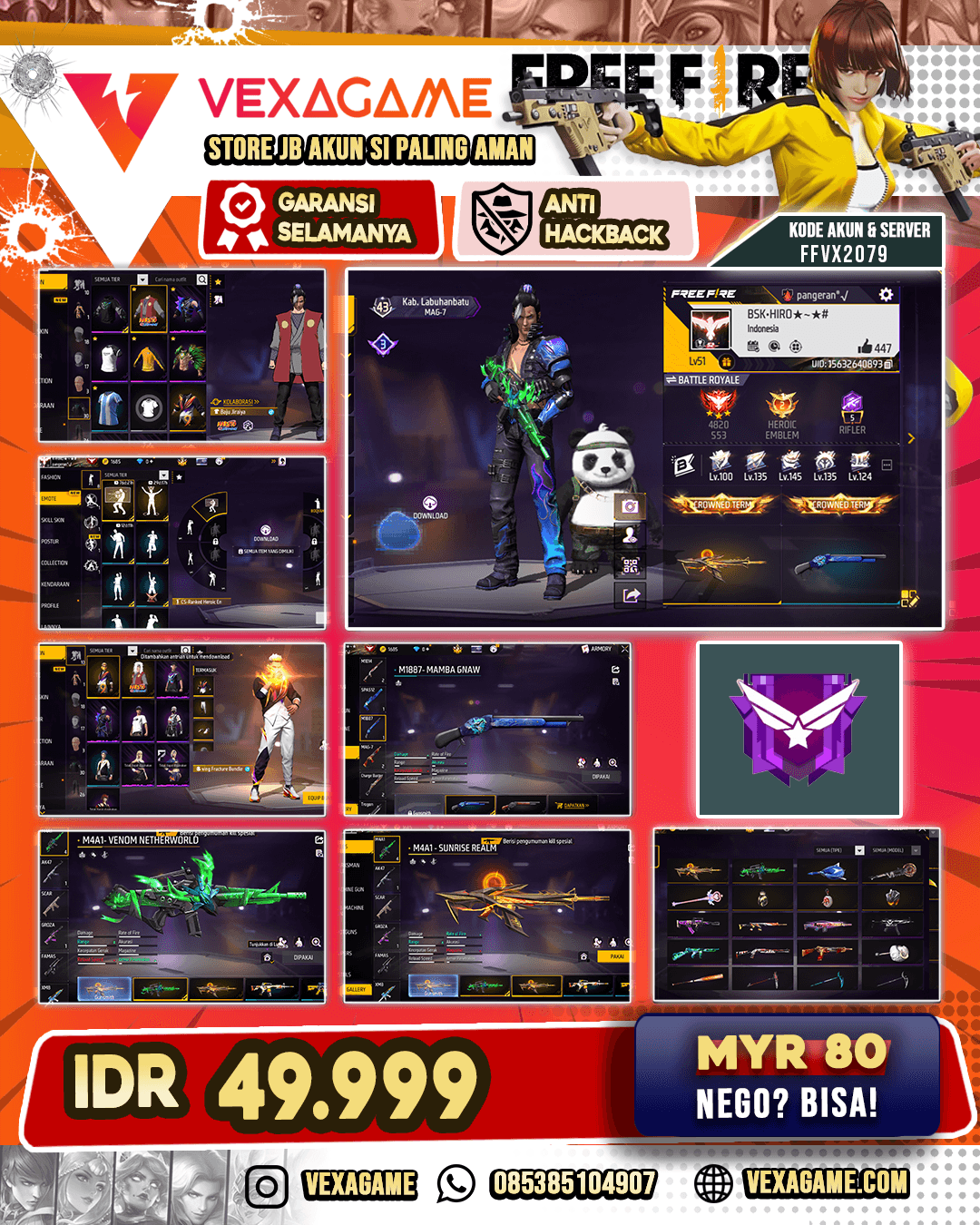 Akun FF Murce | M4A1 Sunrise Realm - Venom Netherworld | SG Mamba | Bundle Jiraya | Vault 30