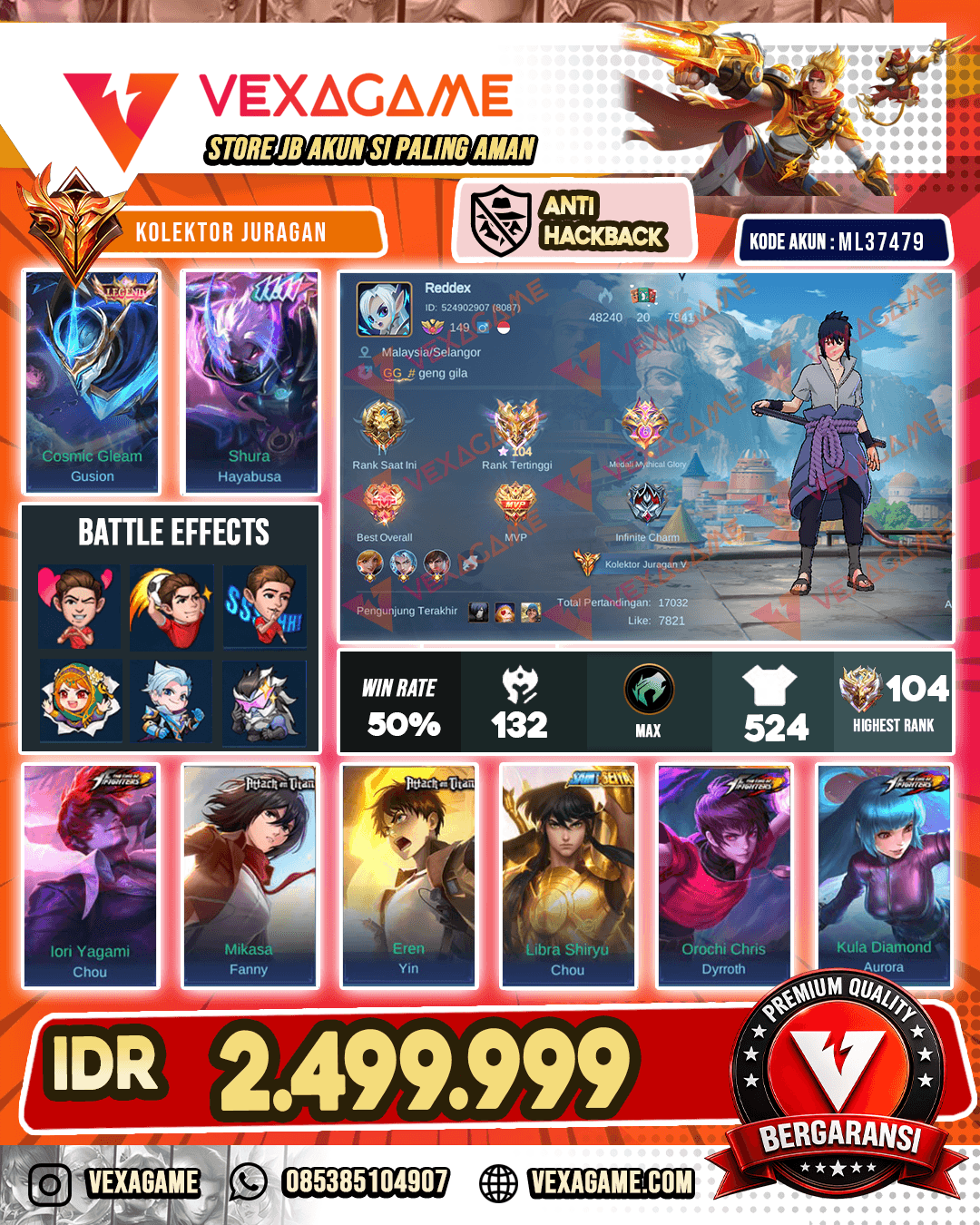 Gusion Legend | Chou KOF X Chou Saint Seiya | Fanny Mikasa | Hayabusa 11.11 | Suyou Sasuke | Aurora X Dyrroth X Masha KOF | Yin Eren | Lancelot Valentine | 5 Luckybox | Recall TLPH | Ex Immortal
