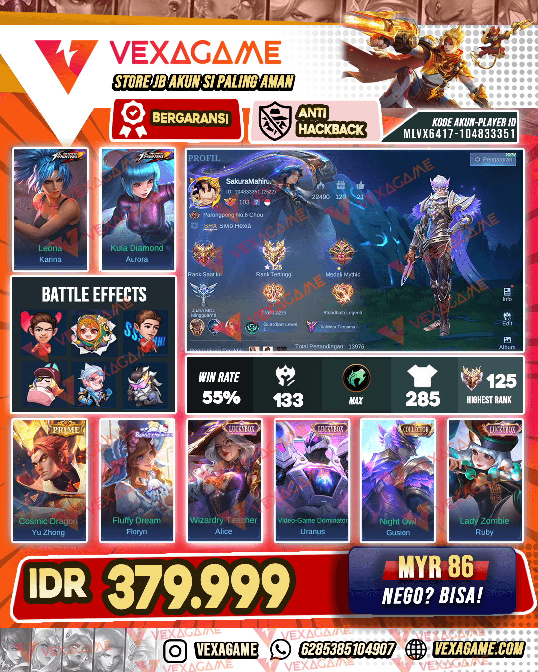 Gusion Collector | Aurora KOF | Lancelot Zodiac | 5 Luckybox | Ex Immortal | Ex Global Khufra