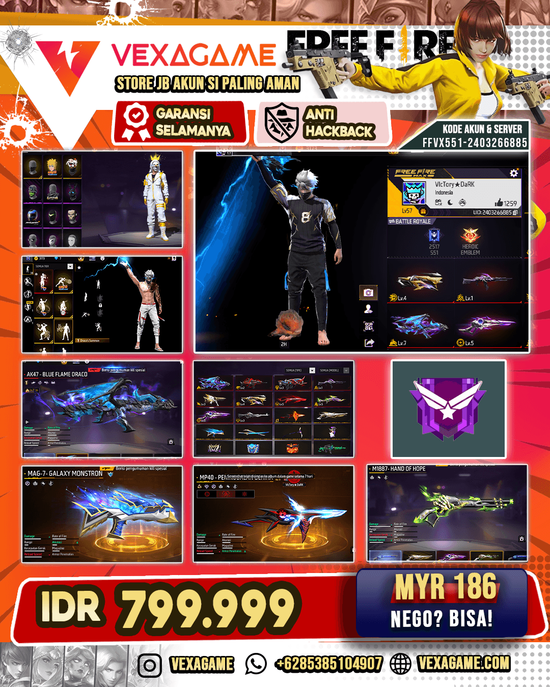 AK47 Blue Flame Draco Lv  MAX | SG Panjang Evo Lv 5 | SG Sterling Conqueror Lv 5 | SG Gurun | SG Green Flame Draco Lv 5 | SCAR Megalodon Alpha Lv 2 | FAMAS Demonic Grin Lv 3 | SG Lumut | Vault 150+