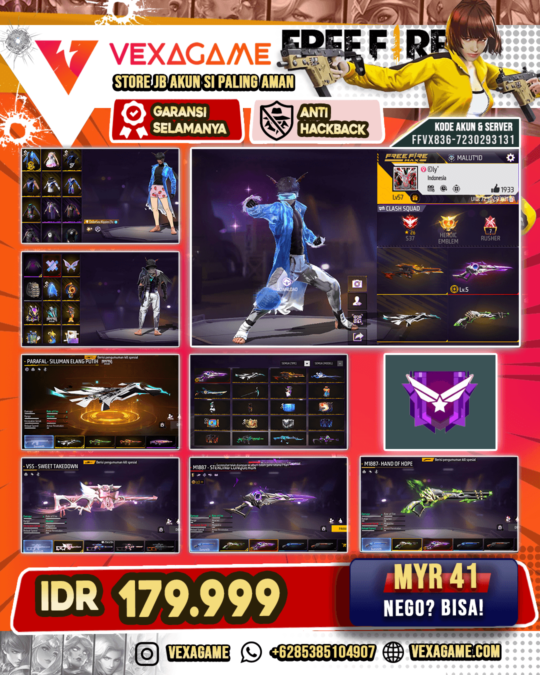 SG Sterling Conqueror Lv 5 | SG Lumut | VSS Sweet Takedown | Parafal Siluman Elang Putih | Ak47 Unicorn's Rage | Backpack Sayap | Vault 200+