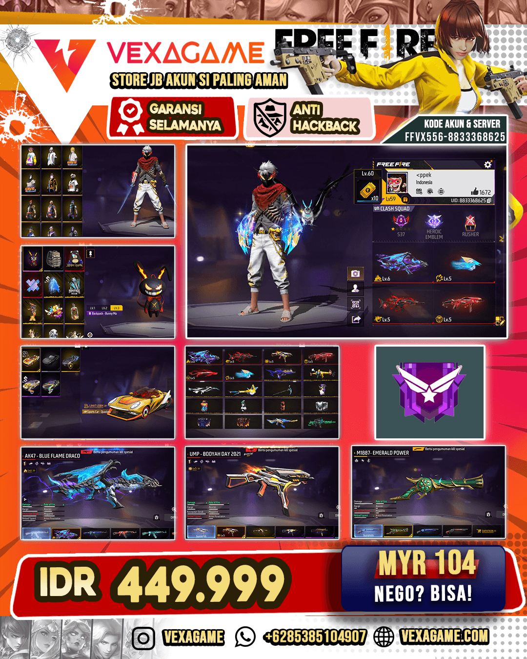 AK47 Blue Flame Draco Lv 6 | SCAR Megalodon Alpha Lv 5 | MP40 Predatory Cobra Lv 5 | UMP Booyah Day Lv 5 | SG Panjang Evo Lv 5 | SG Terompet | Vault 150+