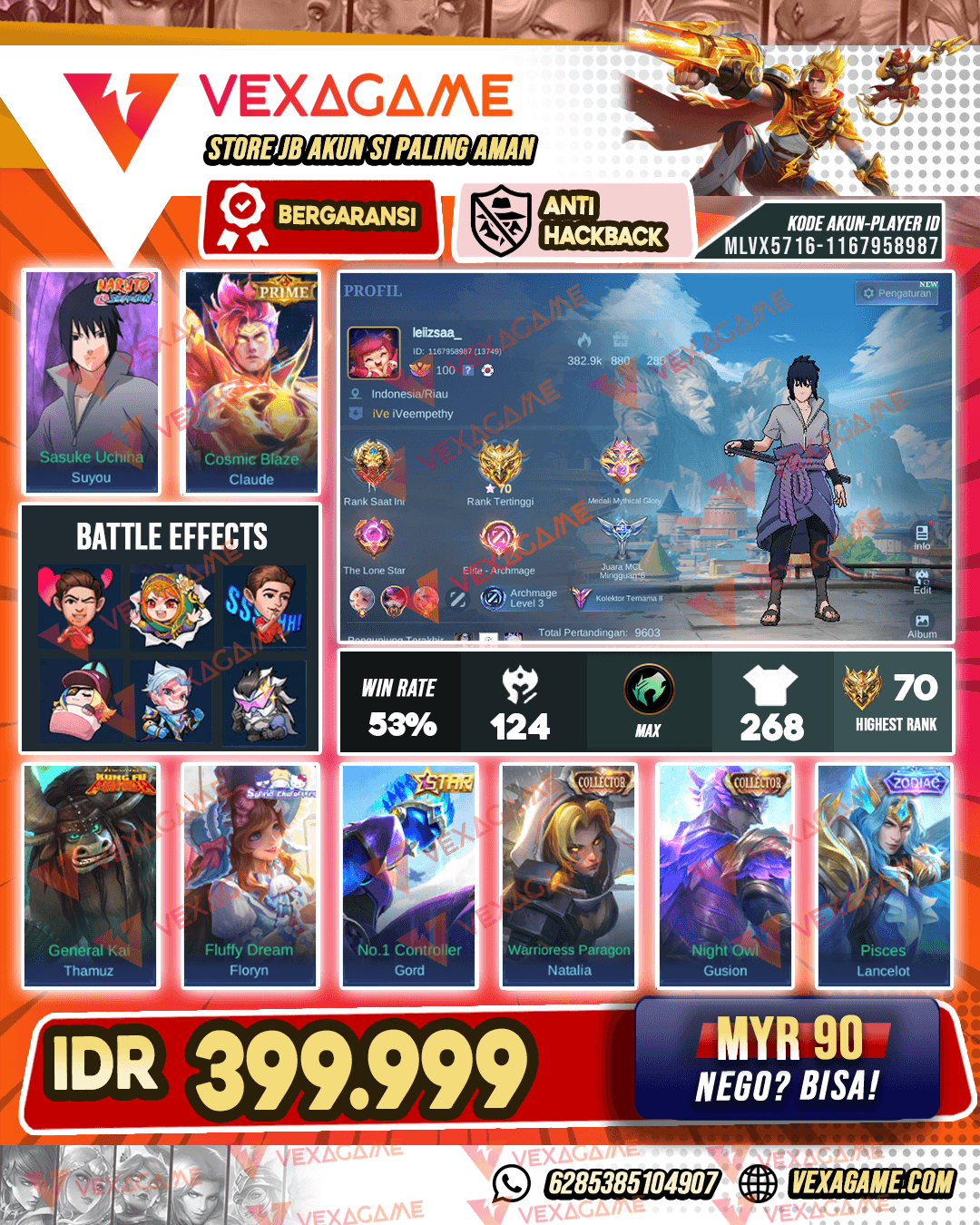 Suyou  Sasuke | Tamuz Kungfu Panda | Gusion Collector | Claude Prime | Emblem MAX