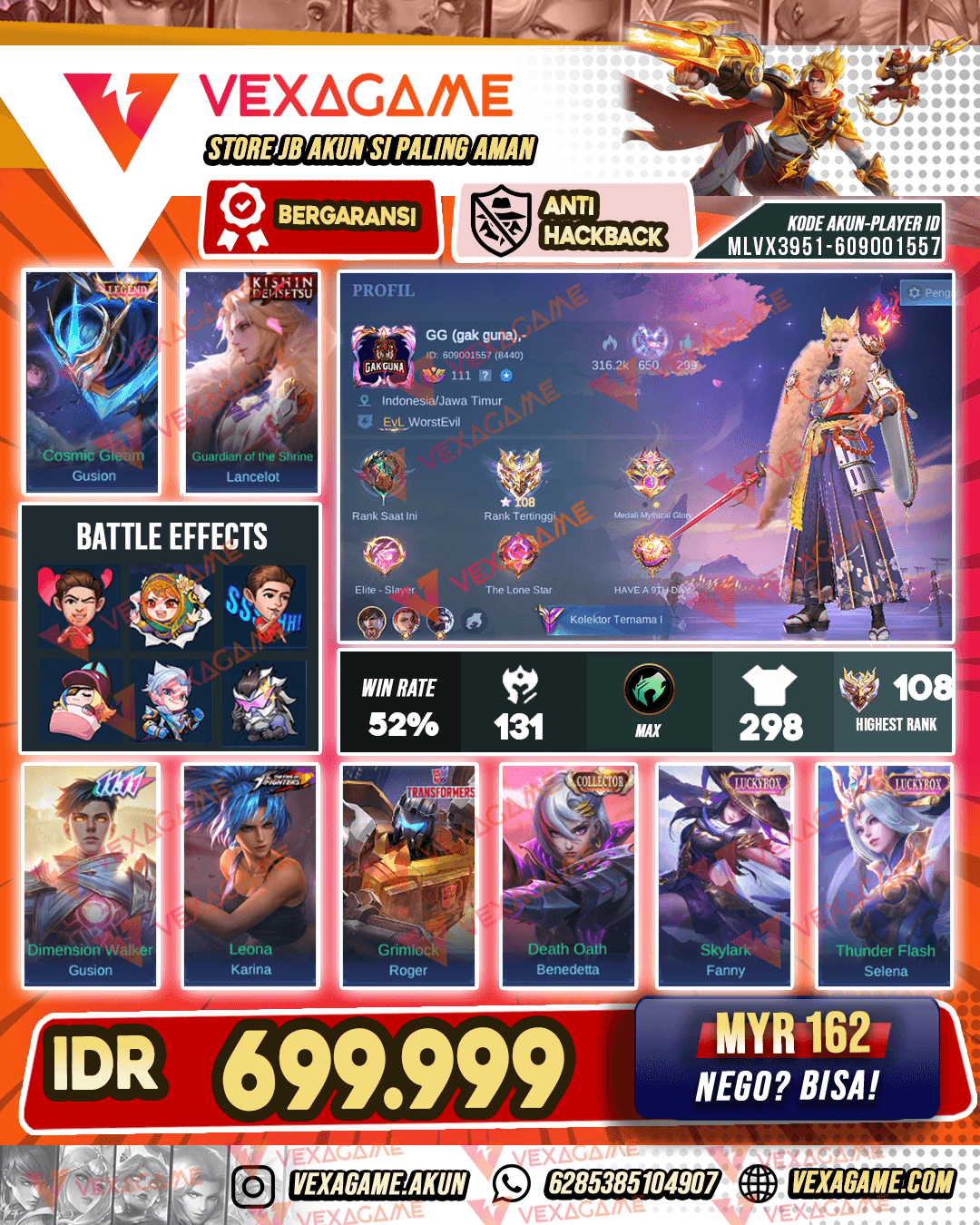Lancelot Kishin | Gusion Legend | Gusion 11.11 | Benedetta Colector | Emblem MAX | Ex Immortal