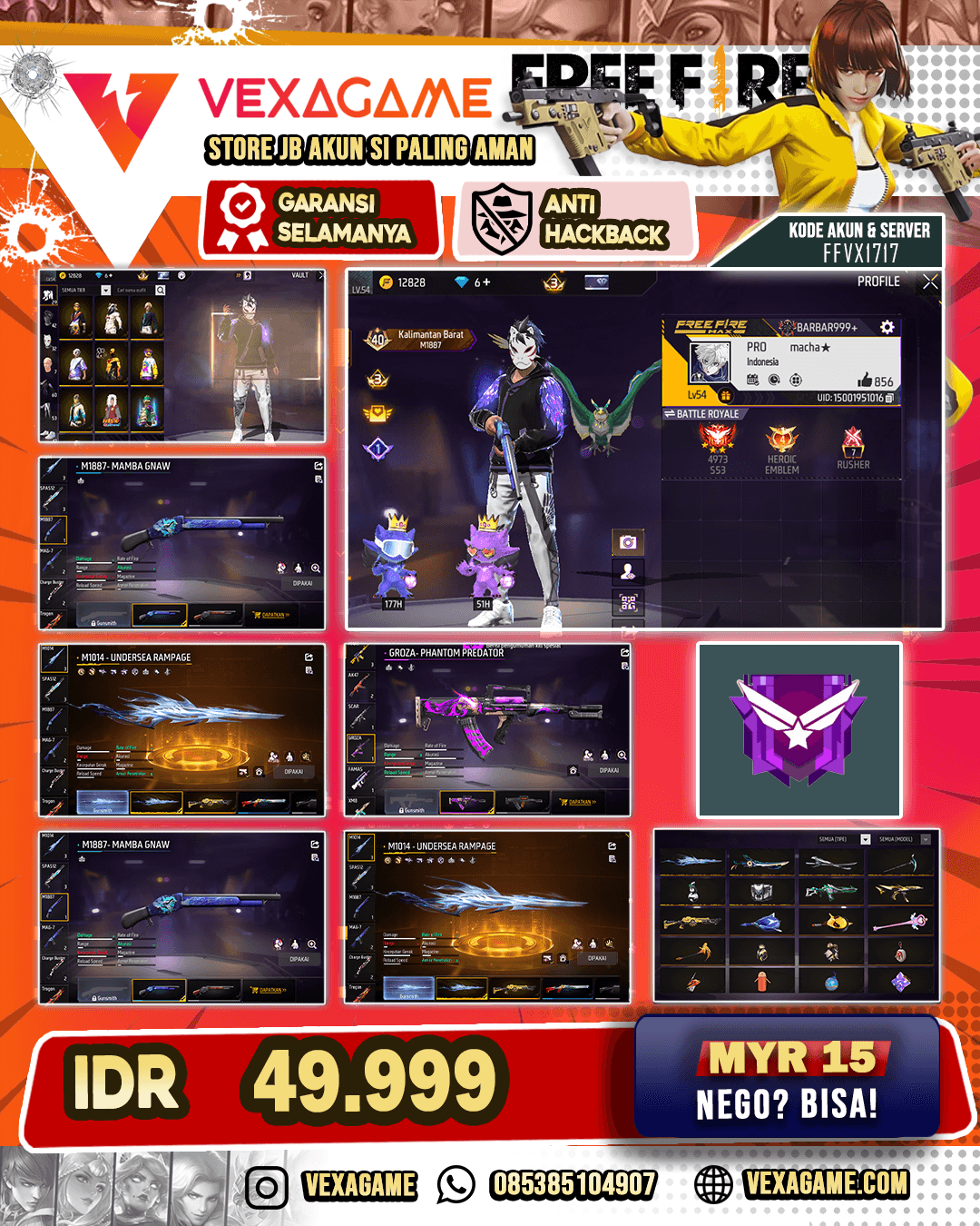 AKUN FF MURAH | SG PANJANG UNDERSEA RAMPAGE | SG MAMBA | 1 BUNDLE NARUTO | PRIMS WINGS TOP