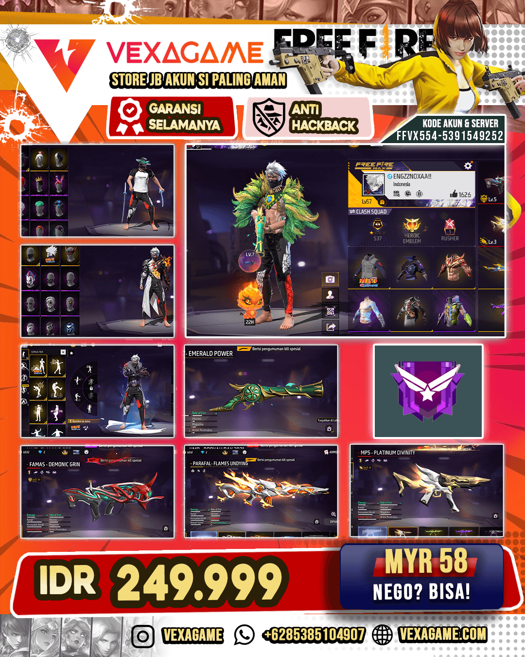 FAMAS Demonic Grin Lv 5 | MP5 Platinum Divinity Lv 3 | Parafal Flames Undying | SG Terompet | Backpack Eternal | Vault 150+
