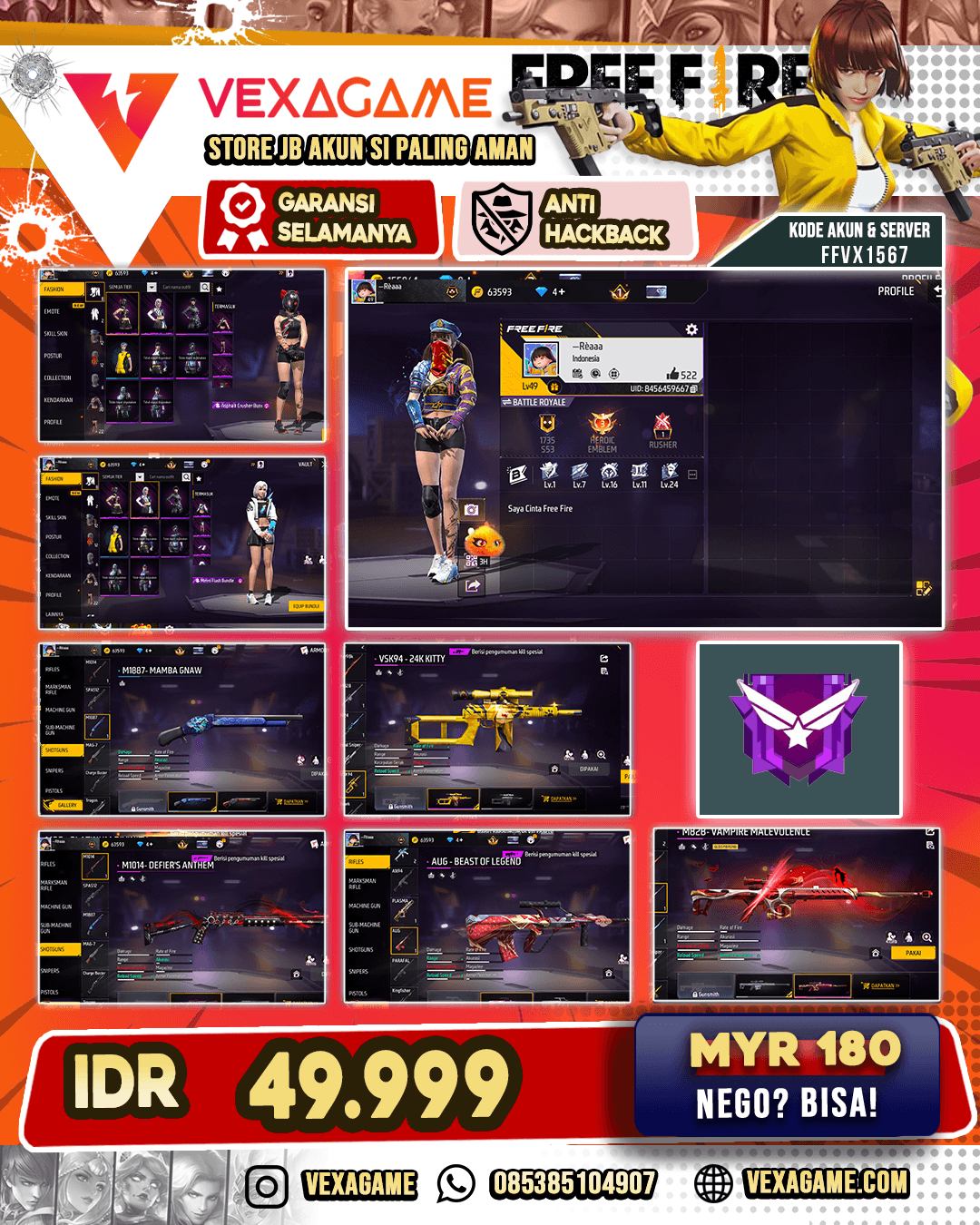 Akun FF MURAH DANA PELAJAR | M1014 Defier's Anthem | SG Mamba | VSK94 Kitty | AUG Beast Of Legend | M28B Vampire Malevolence |