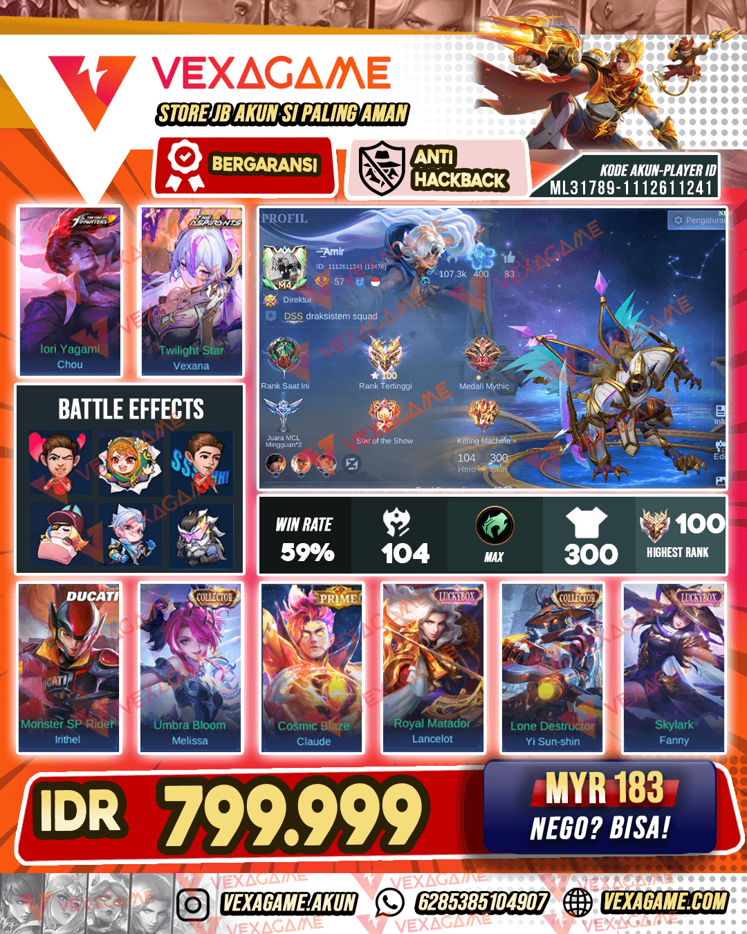 Chou KOF | Vexana Aspirants | Irithel Ducati | YSS Collector X Melissa Collector | Emblem MAX