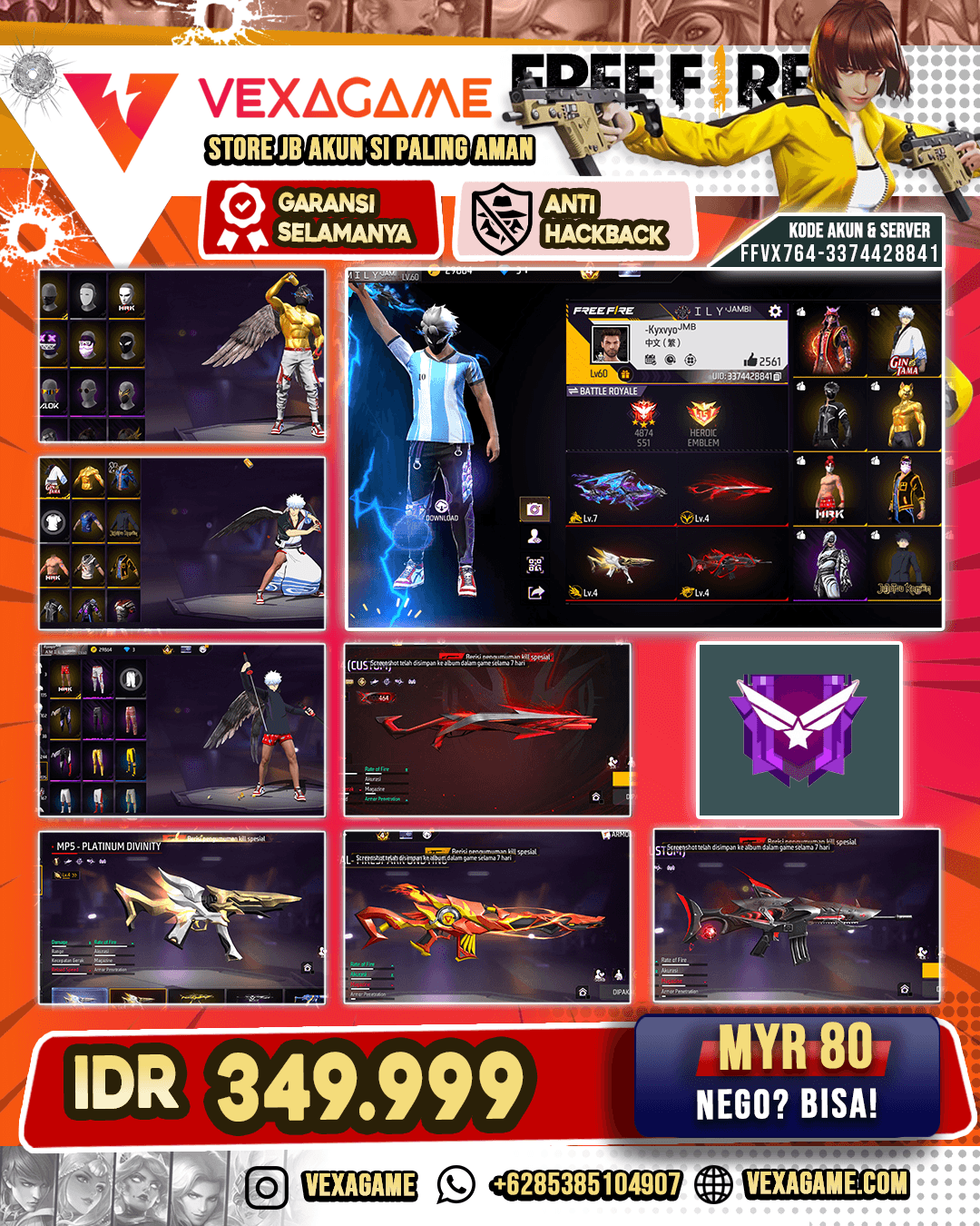 Megumi Top | Celana Angel | Backpack Sayap | AK47 Blue Flame Draco Lv MAX | SCAR Megalodon Alpha Lv 4 | AN94 Twilight Bolt | MP5 Platinum Divinity Lv 4 | SG Scropio Lv 4 | SG Gurun | Vault 200+