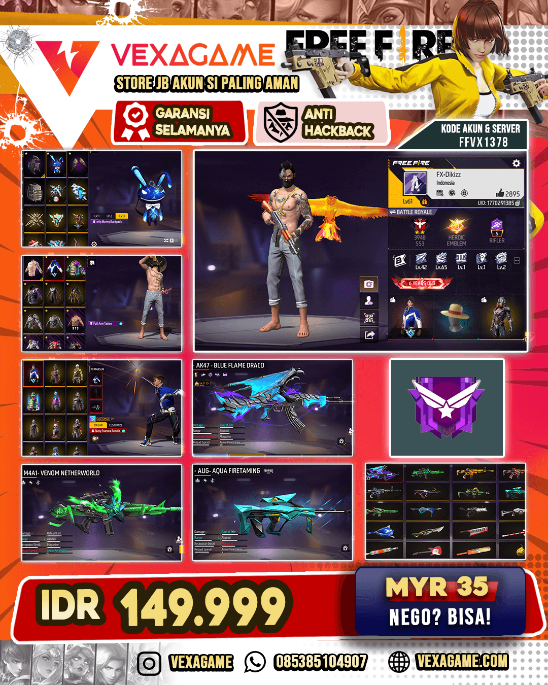 Bundle Navy Staraea | Electrick Bunny Backpack | Full Arm Tattoo | M4A1 Venom Netherworld | AK47 Blue Flame Draco Lv 4 | XM8 Toxic Pumpkin | AUG Aqua Firetaming | Vault 200+
