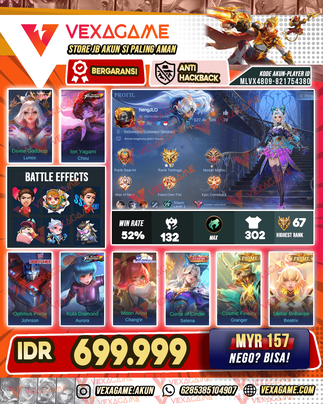 Lunox Legend | Chou KOF | Johnson Transformers | Aurora KOF | Selena Zenith | Change Sanrio | Emblem MAX & Hero MAX