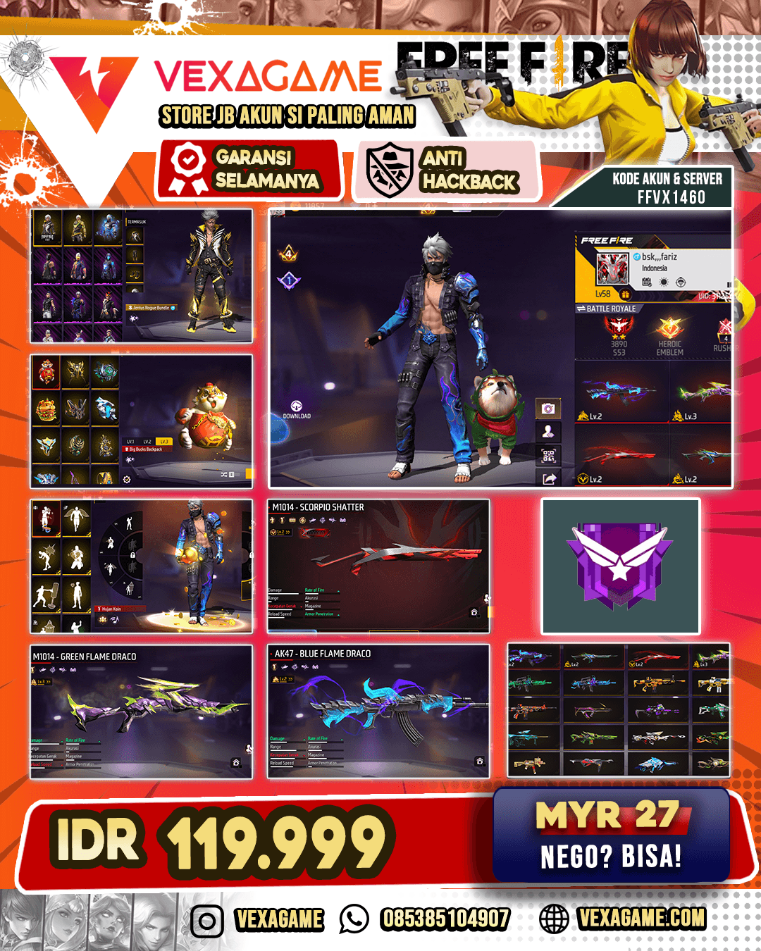 Big Bucks Backpack | Emote Hujan Coin | AK47 Blue Flame Draco Lv 2 | SG Green Flame Draco Lv 3 | SG Scorpio Shatter Lv 2 | Parafal Lore Cyclone Lv 2