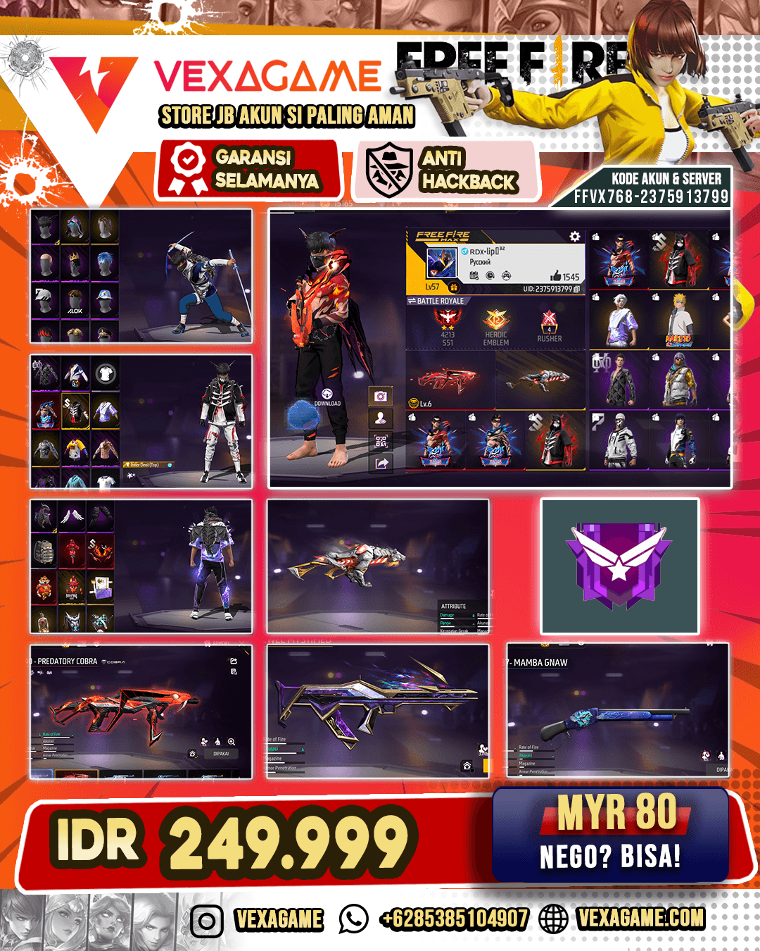 SG Mamba | Groza Jewel Mystified | MP40 Predatory Cobra Lv 6 | Backpack Sayap | Inner Devil | Vault 230+