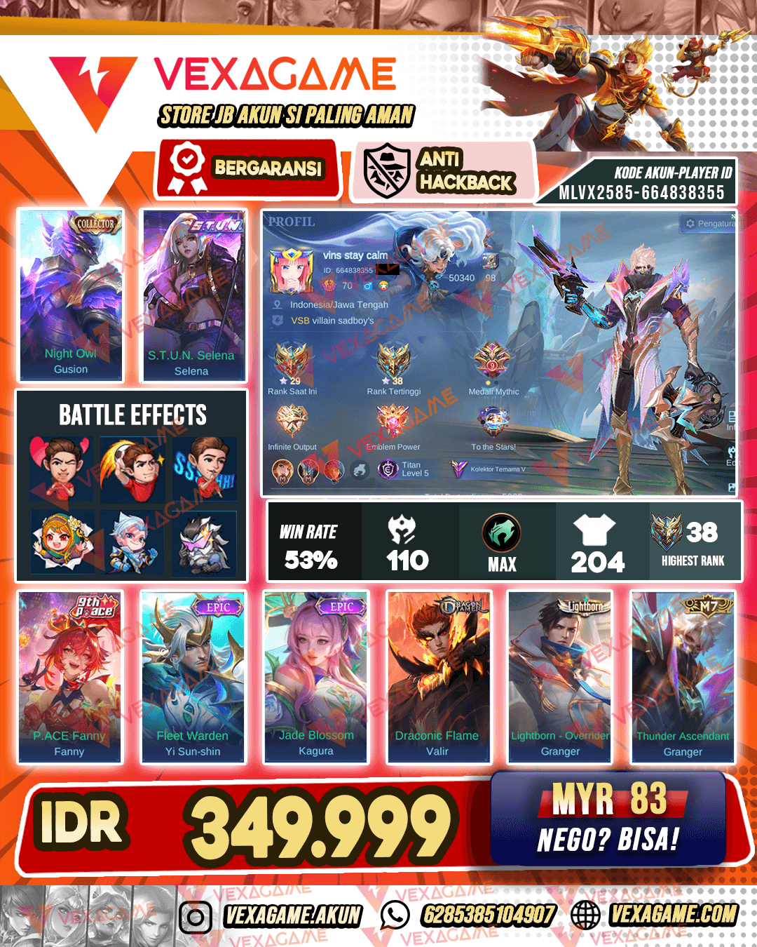 Gusion Collector | Granger M7 | Selena Stun | Emblem MAX
