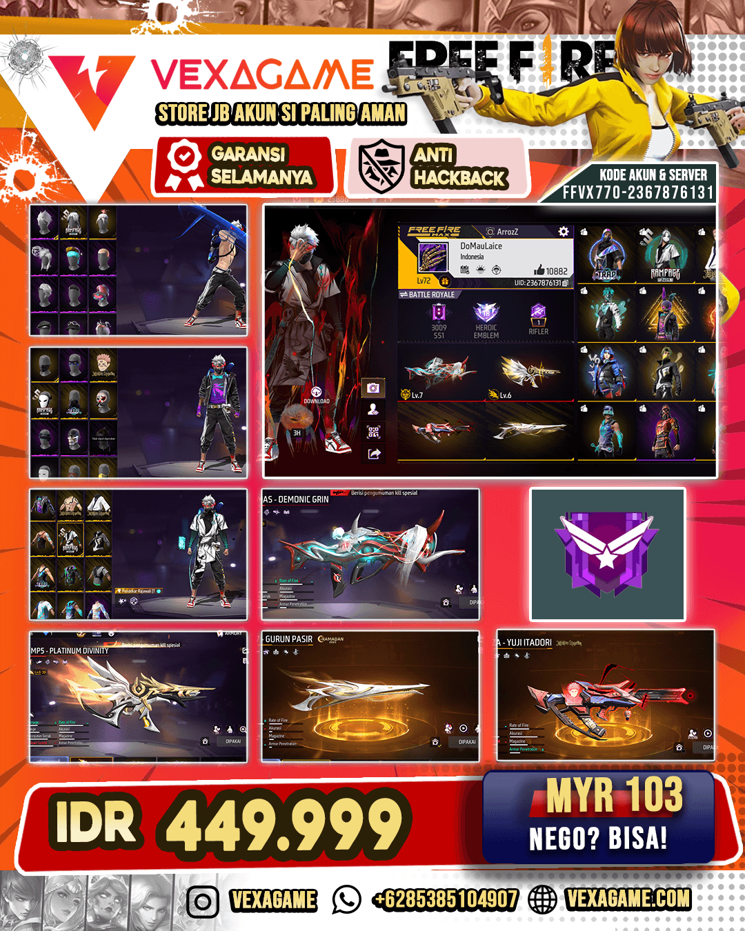 SG Gurun | MP40 3 Rasa | MP5 Platinum Divinity Lv 6 | Famas Demonic Grin Lv 7 | Groza Yuji Itadori | Backpack JJK | Vault 450+