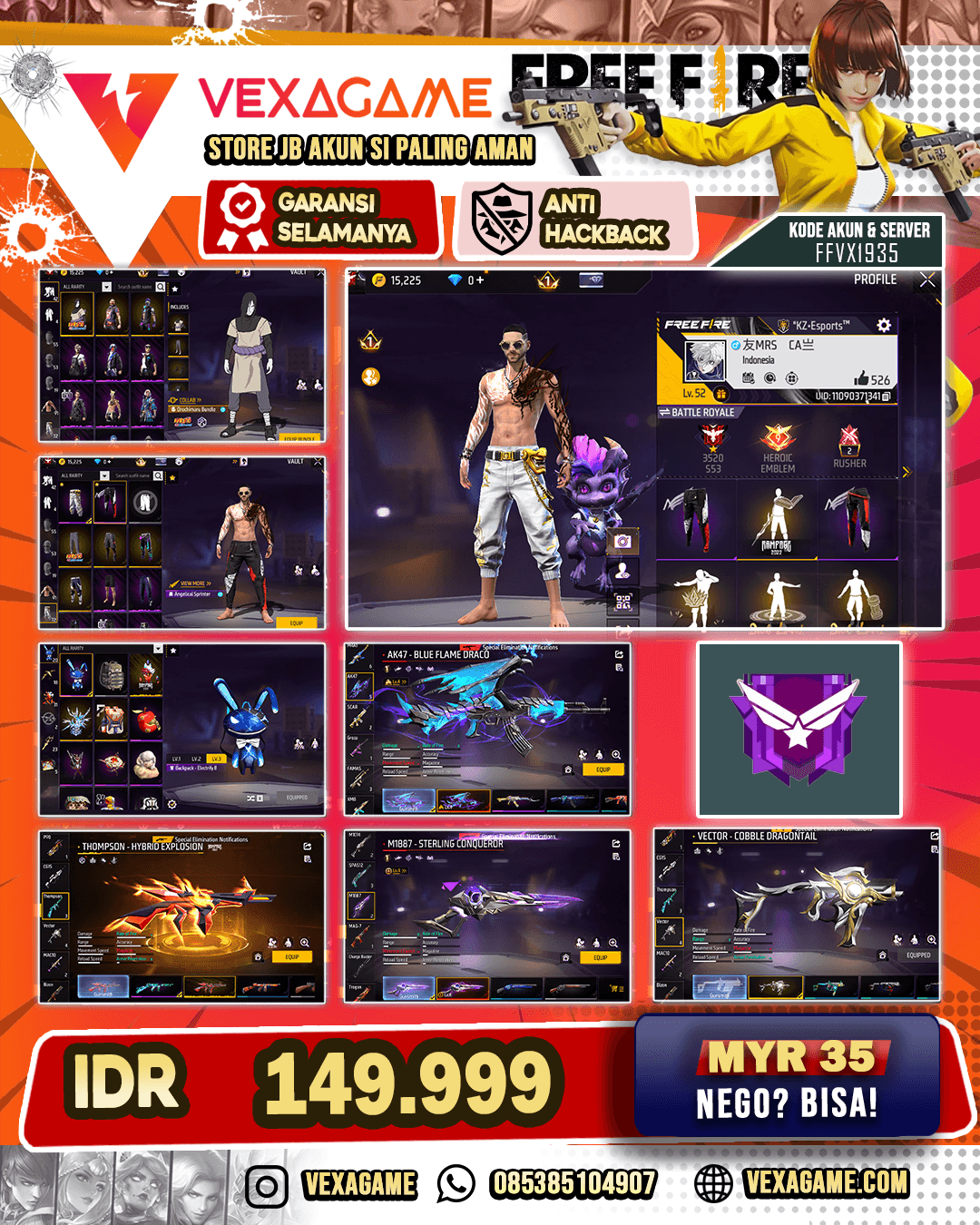 Bundle Orochimaru | Celana Angel Sprinter | AK47 Blue Flame Draco Lv 4 | SG Sterling Conqueror Lv 4 | Thompson Hybrid Explosion | Vector Cobble