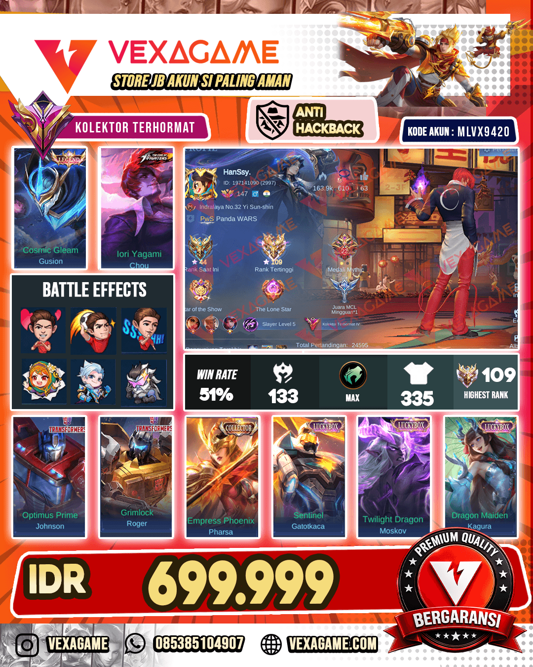 Chou KOF | Gusion Legend | 2 Transformer | Parsha Collector| 5 Luckybox