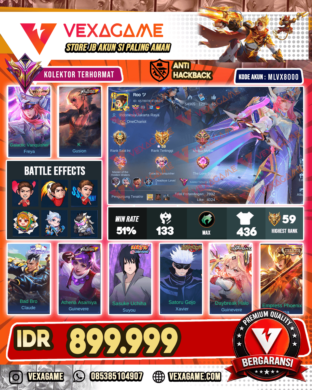 Freya Legend | Gusion Kof | Claude Sanrio | Guin Kof | Guin Aspirant | Xavier JK | Suyou Sasuke | 1 Collector | 5 Luckybox