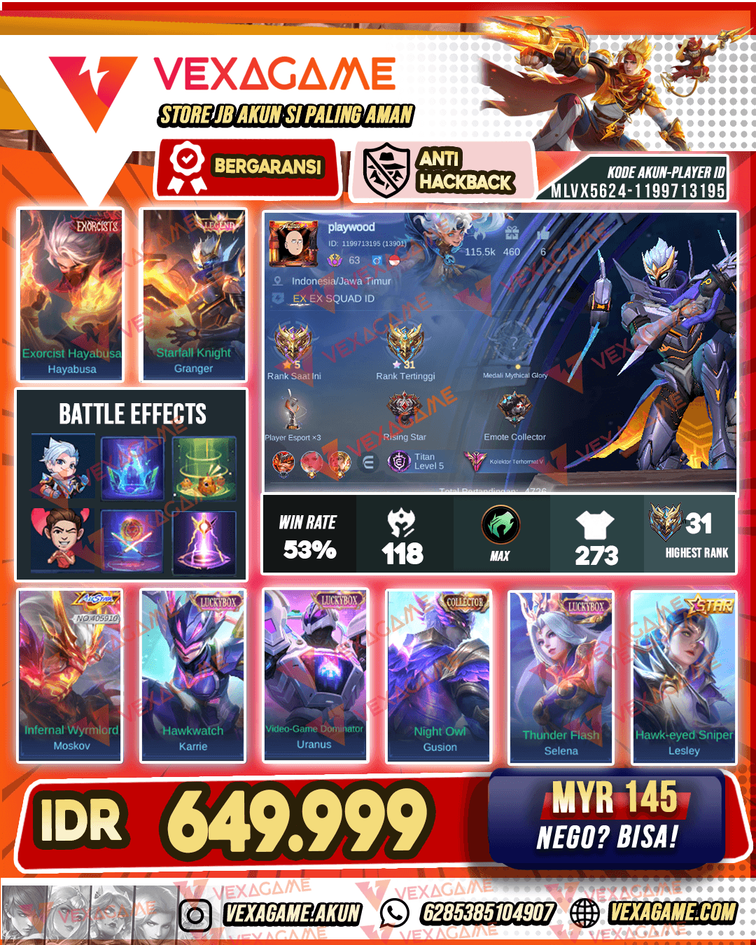 Granger Legend | Hayabusa Exorcists | 3 Luckybox | Moskov All Star | Aamon Soul Vessels | Gusion Collector | Emblem MAX