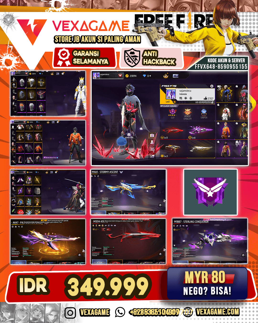 Racoon Rascal Top | Celana Angel | Backpack Sayap | M4A1 Stormy Ascent | AK47 Paradox Enforcer | SCAR 4 Rasa | AUG Aqua Firetaming | Parafal Lore Cyclone Lv 4 | UMP Booyah Day Lv 3 | SG Panjang Evo Lv 5 | SG Sterling Conqu Lv 6 | SG Gurun | Vault 150+