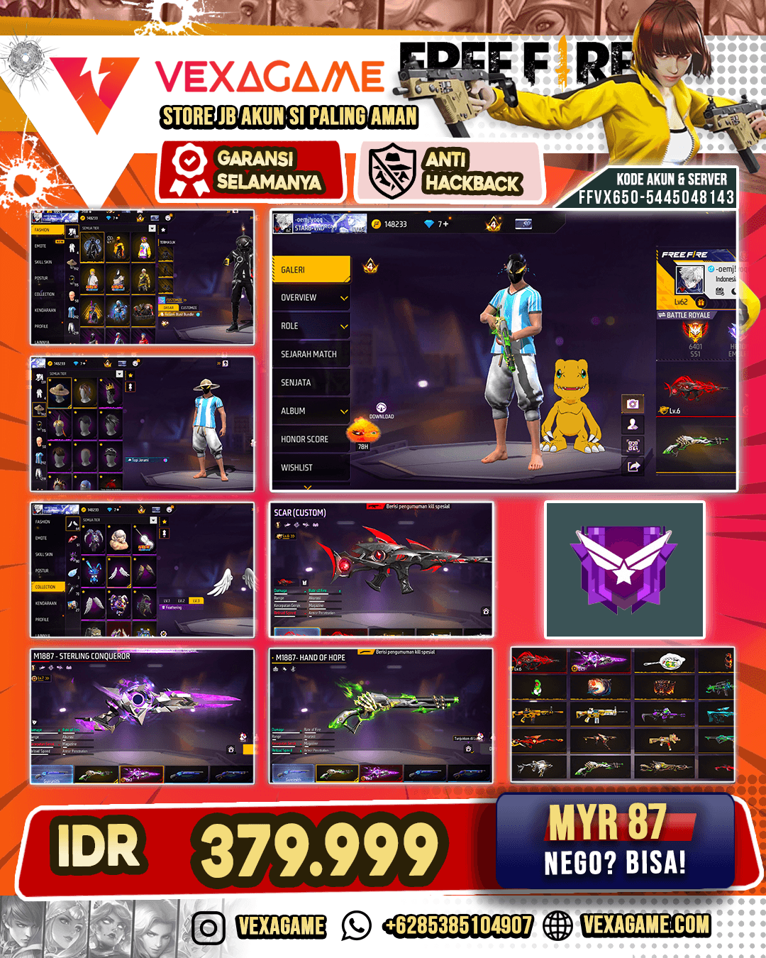 Topi Jerami | Backpack Sayap | SCAR Megalodon Alpha Lv 6 | MP40 Eternal Diamond | M4A1 Venom Netherworld | SG Sterling Conqueror Lv MAX | SG Lumut | Vault 250+