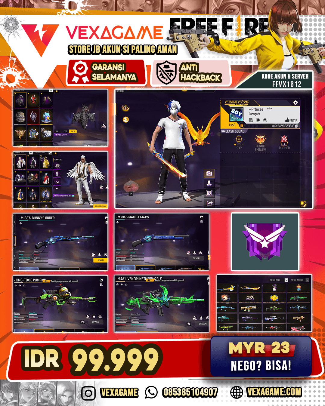 Akun FF Dana Pelajar | SG 2 Rasa | Vault 250++ | Black Dragon