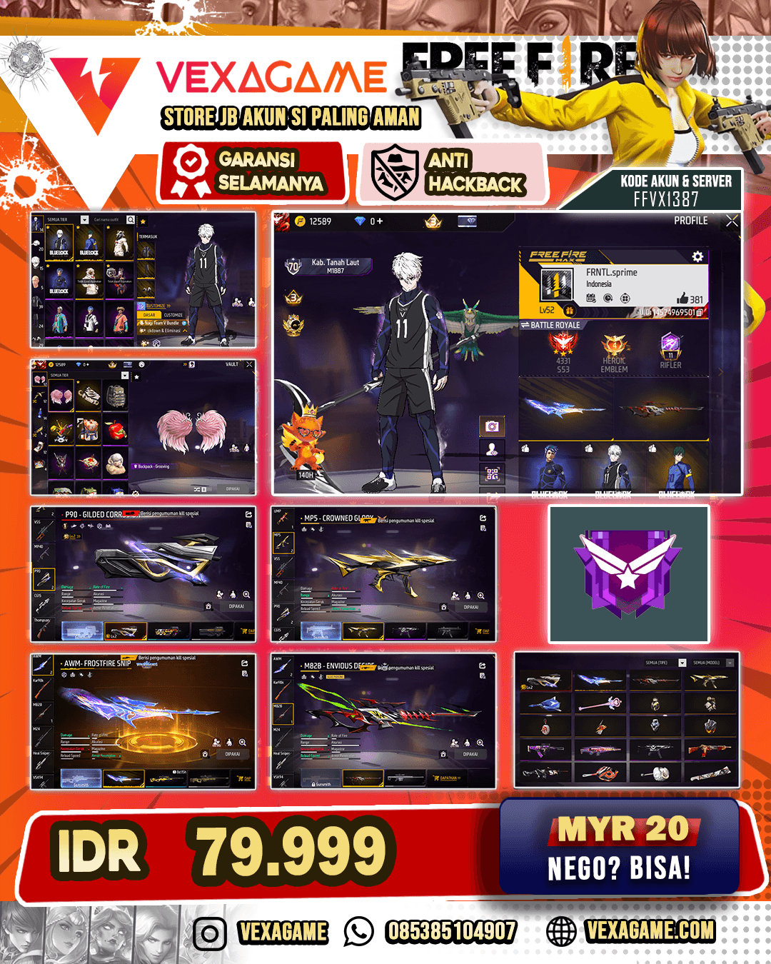 AKUN FF MURAH | 1 EVO (PGO LVL-2) | AWM FORSFIRE SNIP | M828 ENVIOUS DESIRE | MP5 CROWNED GLORY | 3 BUNDLE BLUELOCK