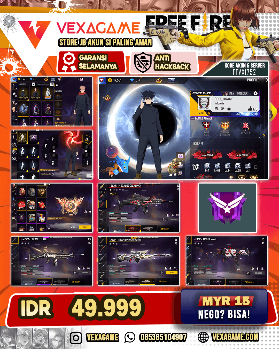Akun FF Murah | 1 Evo Lv 2 | Awn Titanium Warhorn | M249 Cosmic Chaos |  UMP Art Of War | M1014 Catalysm | Bundle JJK | Bundle Obito |