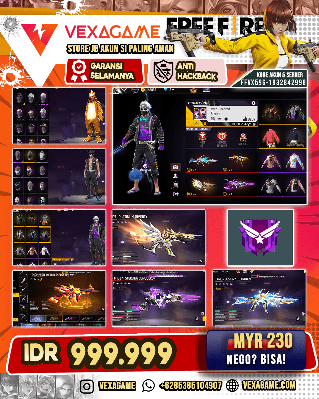 XM8 DESTINITY GUARDIAN LVL 7 | UMP BOOYAH LVL 3 | SG STERLING CONQUEROR | MP5 DIVINITY EDITION LVL 6 | VAULT 200++