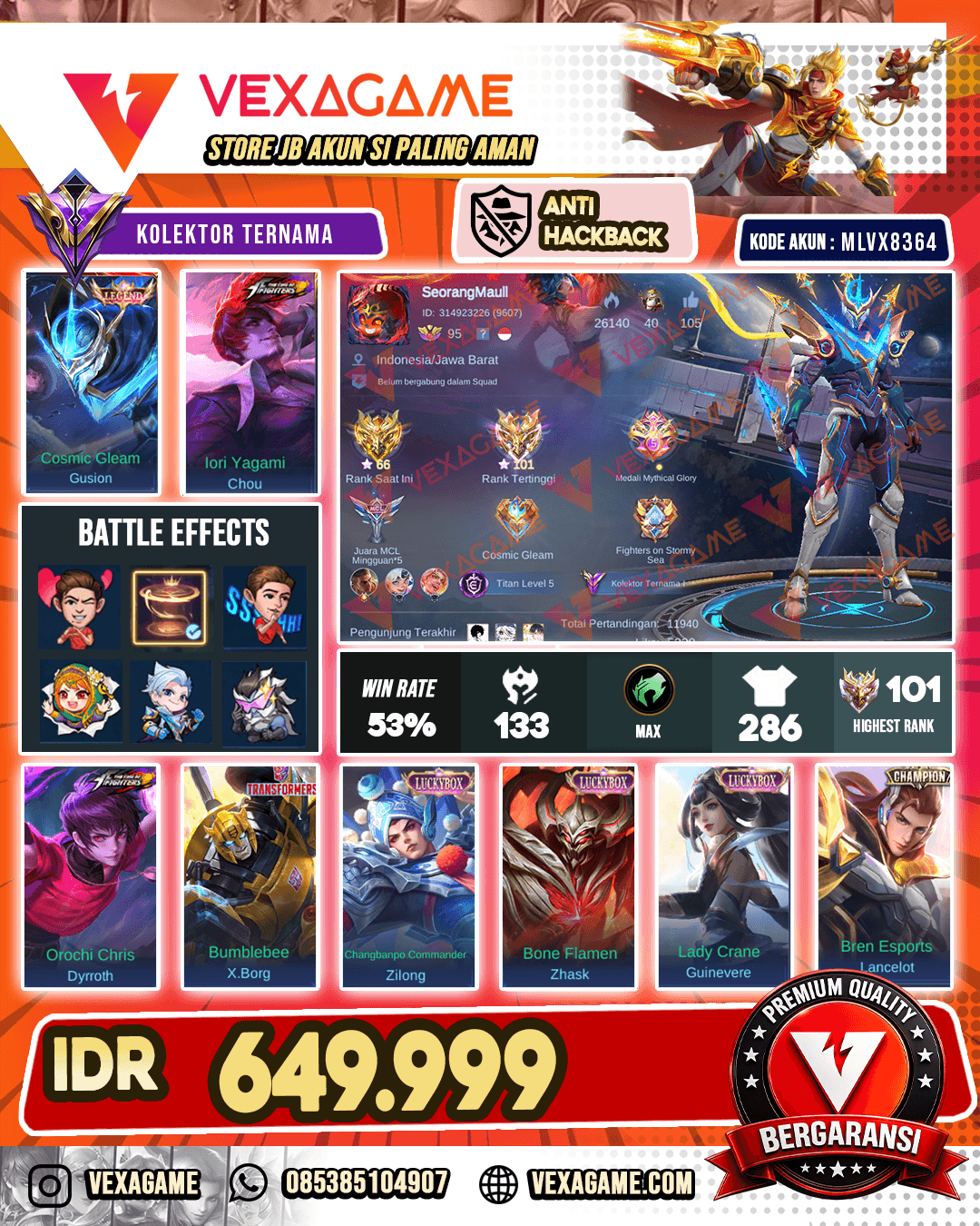 Gusion Legend | Chou KOF | Dyrroth KOF | Ex IMMO
