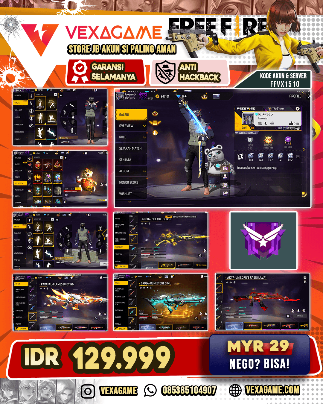 M1187 Soaris Burst |  M4A1 Infernal World | AK47 Unicorn's Rage Lava |  Groza Rune Stone SIgil | Xm8 Poison Pumkin | Parafal Flames Undying | AWM Frostfire Snip |  Awm Titanium Warhorn |  Cobra Fist |  Bundle Kakashi |  Vault 150++