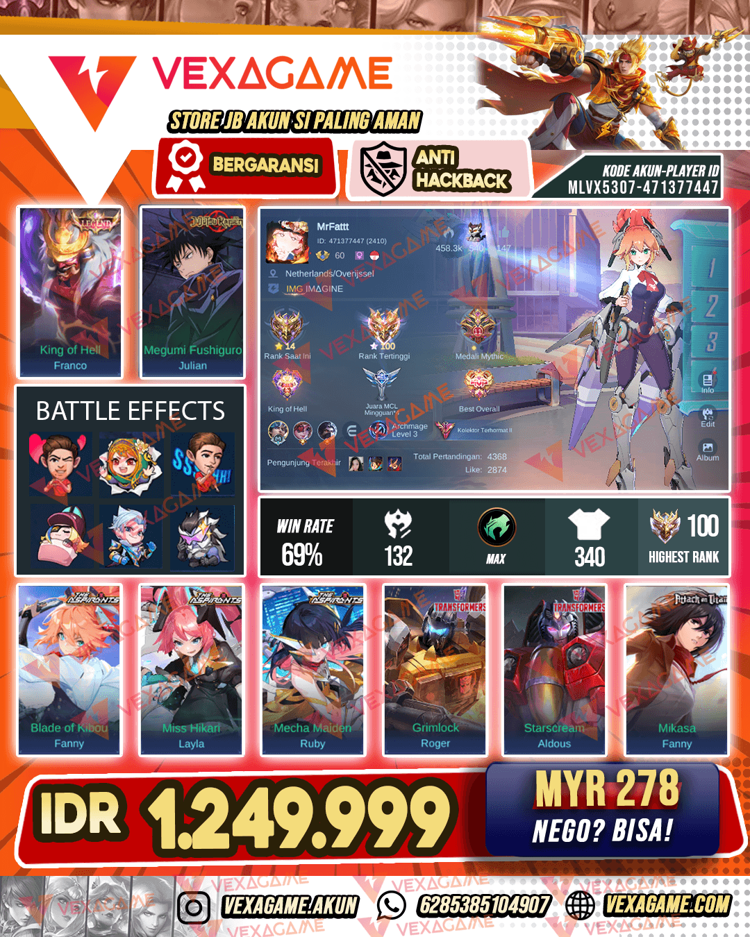Franco Legend | 3 Asphirant | 4 KOF | 2 Transformer | Hayabusa 11.11 | Julian JJK | Fanny AOT | 2 CC |  5 Luckybox