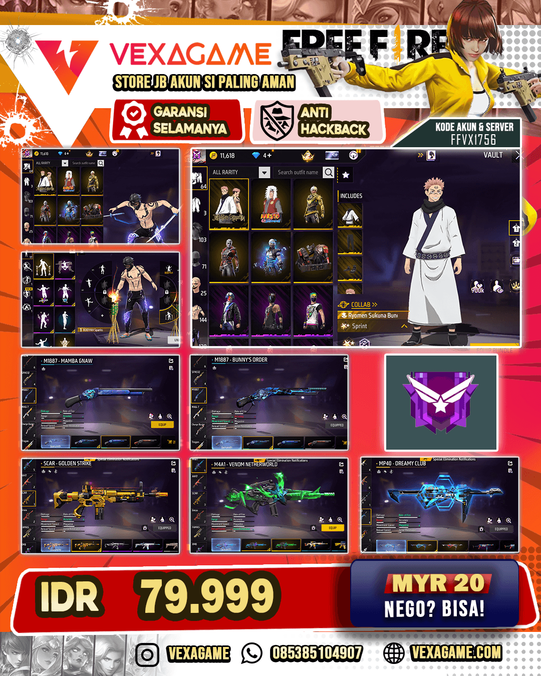 Bundle Sukuna | Bundle Jiraya | Scar Golden Strike | M4A1 Venom Netherworld | AN94 Tornado Bold | SG Mamba | SG Bunny's order | Vault 100++