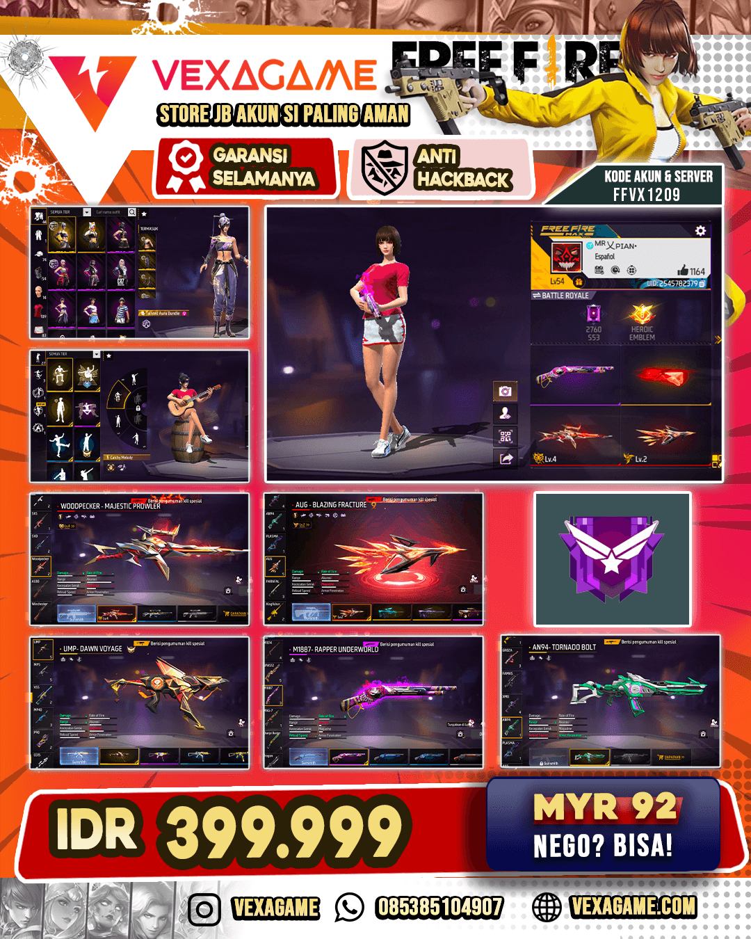 SG Reaper | Tainted Aura Bundle | Vampire Wings Backpack | AUG Blazing Fracture Lv 2 | UMP Dawn Voyage | Woodpecker Majestic Power Lv 4 | | AN94 Tornado Bolt