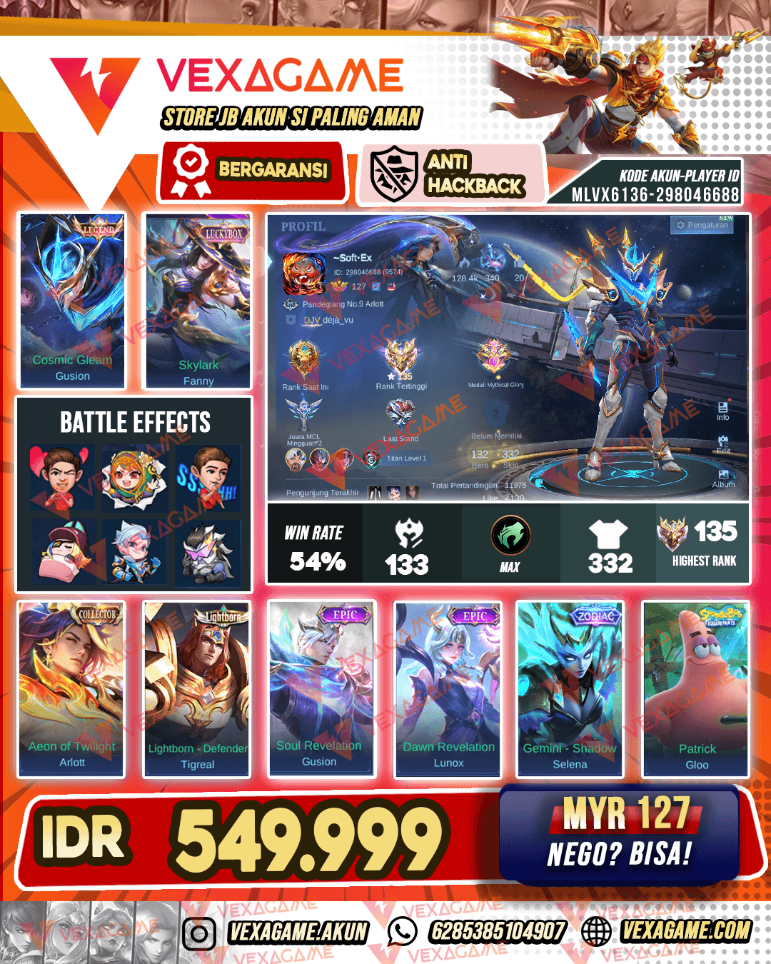 Gusion Legend | Arlot Collector | Fanny Luckybox | Gloo Patick  Ex Immortal | Hero & Emblem MAX