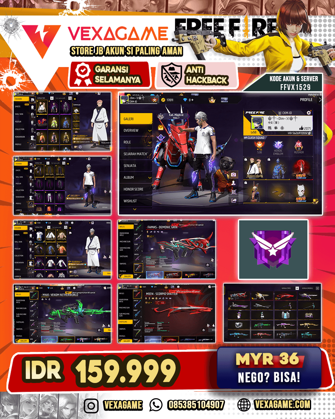 Bundle Sukuna | Celana Angel | Ak47 3 Rasa | FAMAS Demonic Grin Lv 5 | MP5 Platinum Divinity Lv 5 | SG Scorpio Shatter Lv 5 | Katana ON
