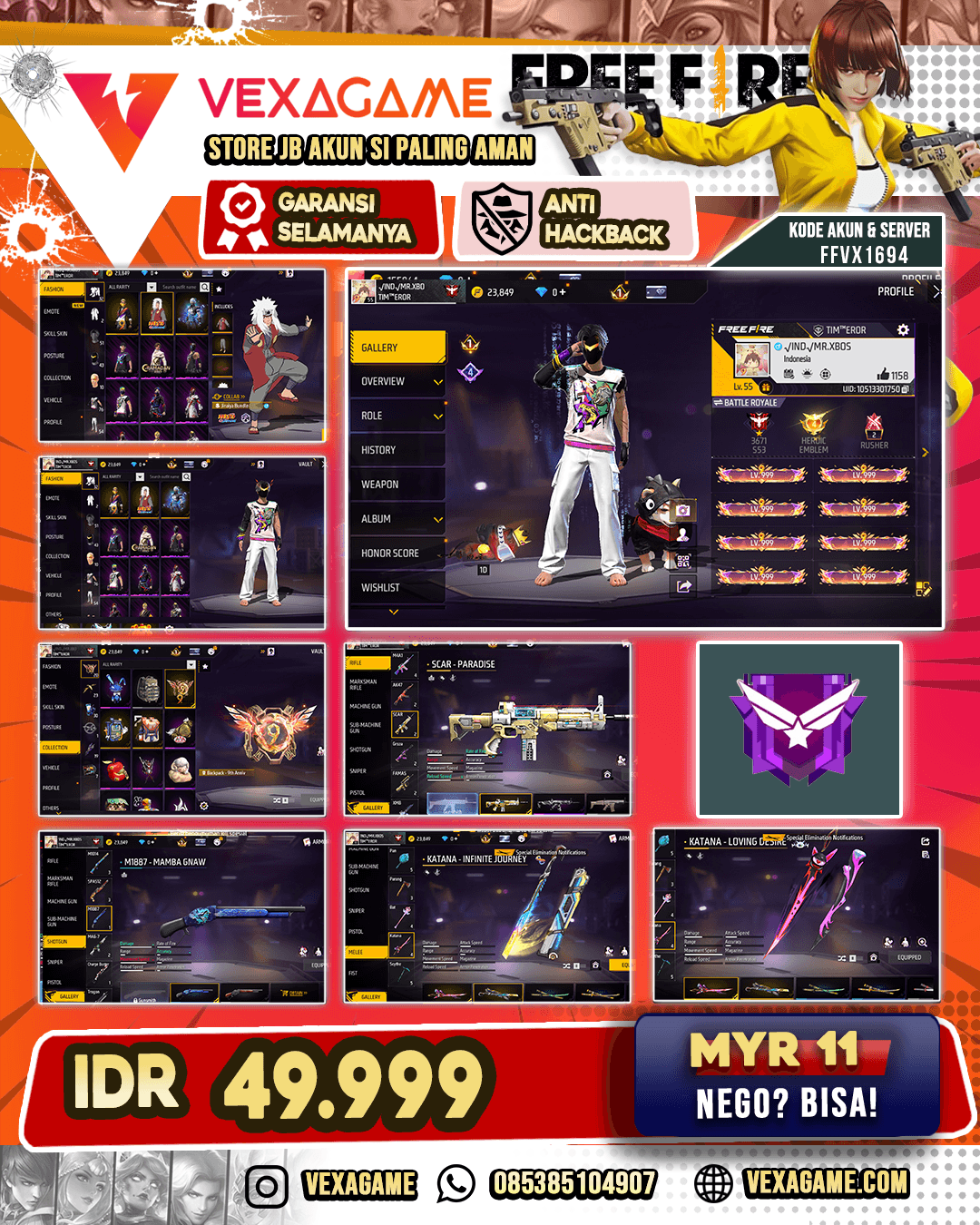 Akun FF MURAH DANA PELAJAR | Scar Paradise | Katana on 2| | SG Mamba | Bundle Jiraya