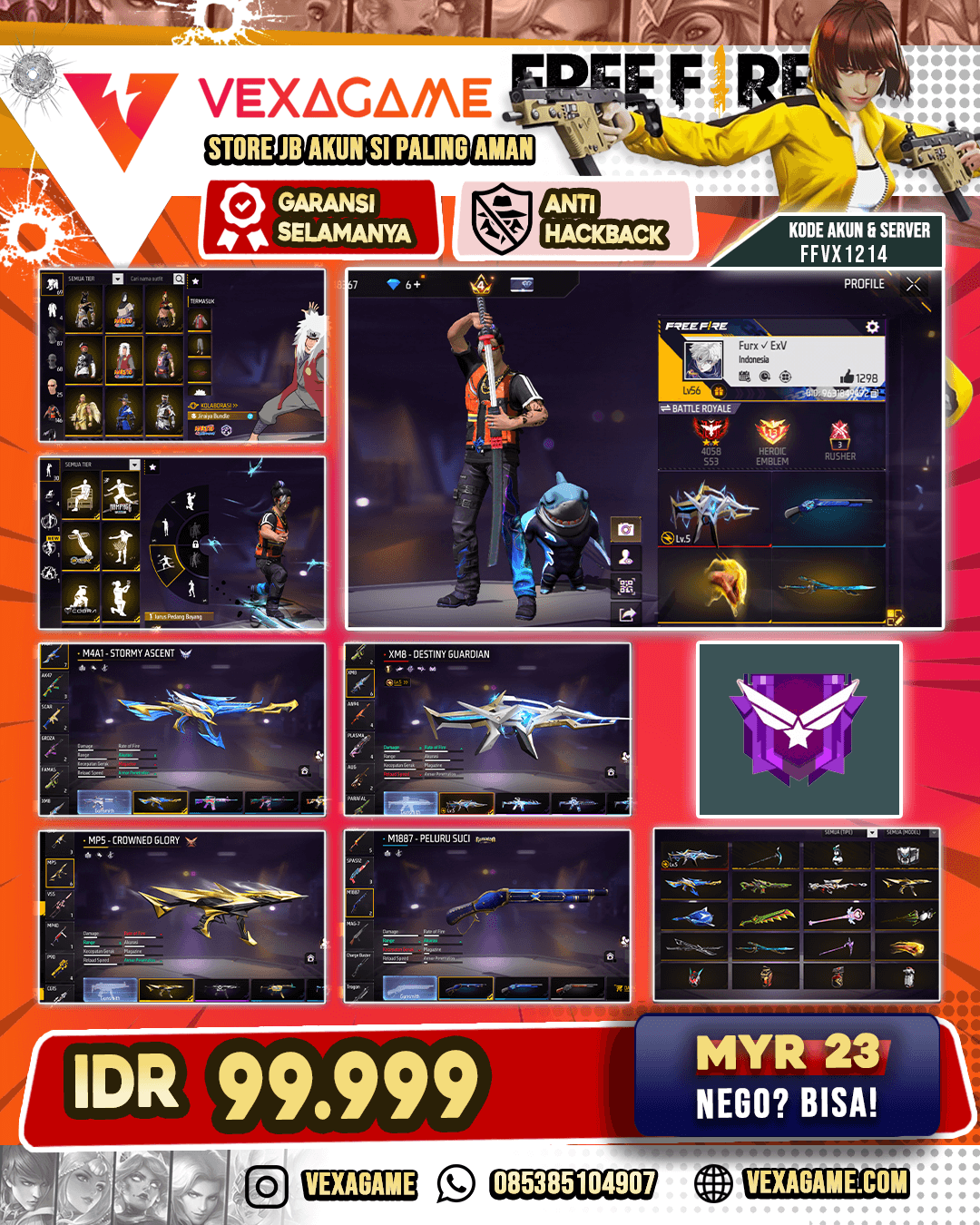 King of Desert Bundle | Bundle Jiraiya | Backpack Sweetheart Flutter | M4A1 Stormy Ascent | XM8 Destiny Guardian Lv 5 | MP5 Crowned Glory | SG Peluru Suci
