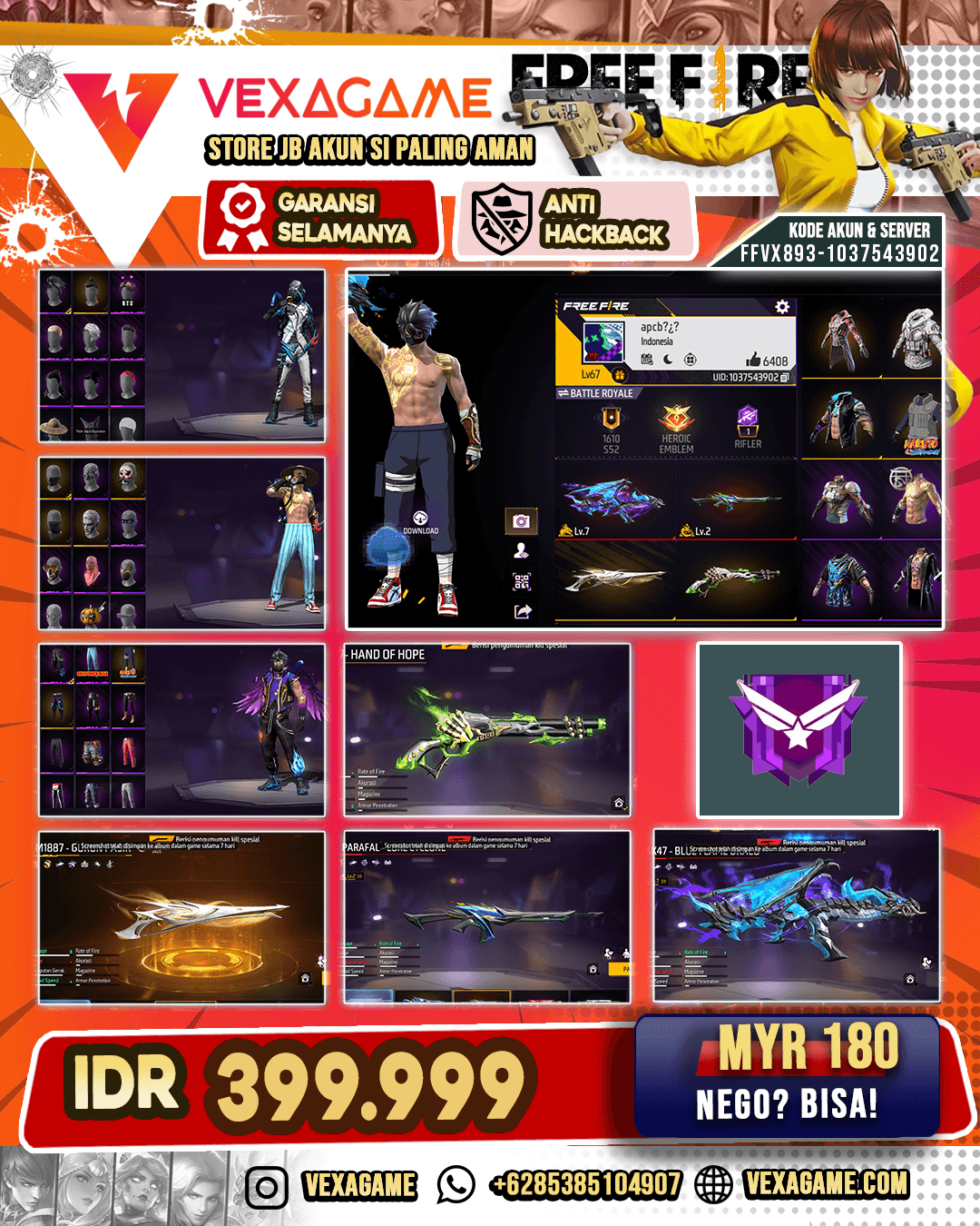 SG Gurun | SG Lumut | MP40 Eternal Diamond | M60 Frost Sabertooth | Parafal Lore Cyclone Lv 2 | Parafal Electron Undying | AK47 Blue Flame Draco Lv MAX | Vault 450+