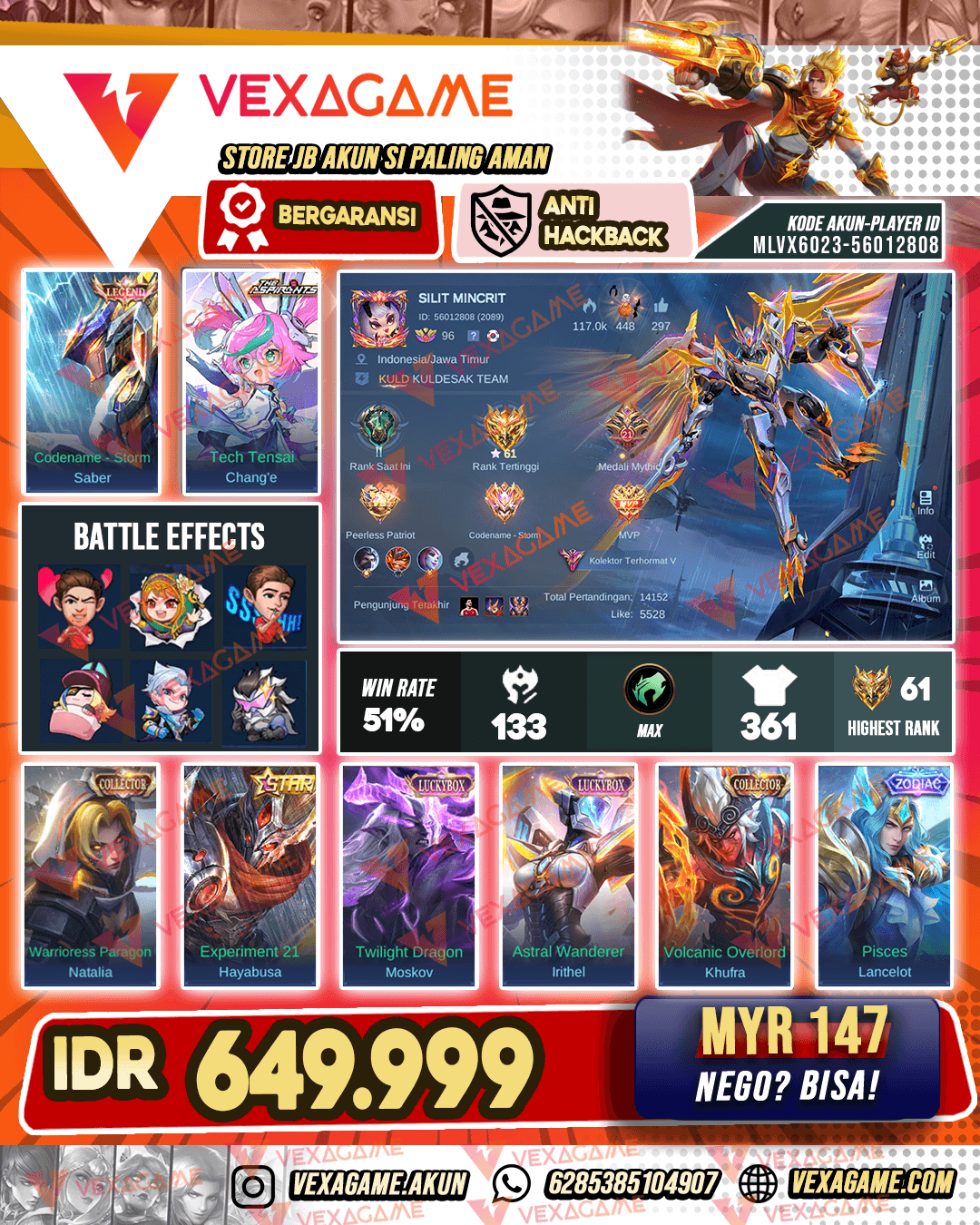 Saber Legend | Change Aspirants | Khufra Collector | 2 Luckybox | Hayabusa Anual Star | Emblem & Hero MAX