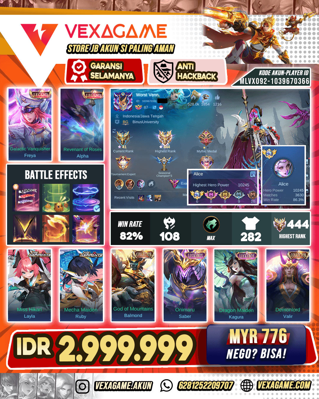 Alpha Legend Akun Ex Penjoki & Ex Global Alice MMR 10K