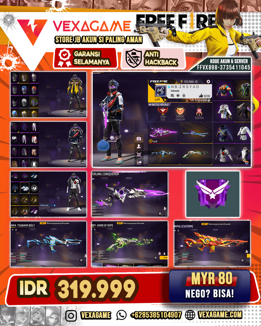 SG Sterling Conqueror Lv 6 | SG Lumut | AUG Aqua Firetaming | AN94 Tsunami Bolt | Groza Flames Enchanted | Vault 250+