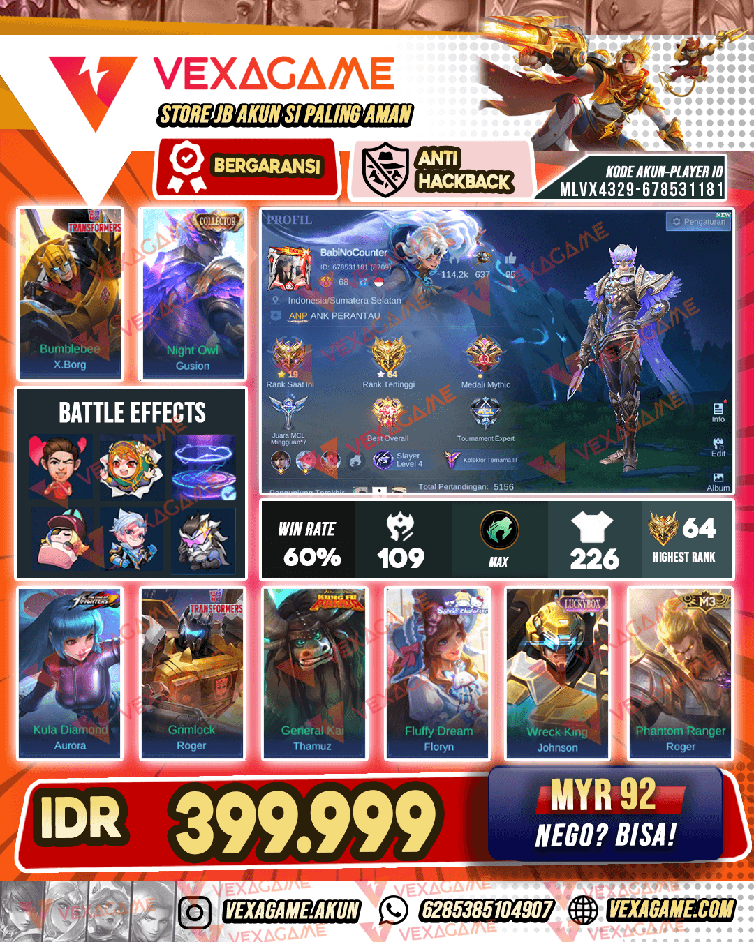 Gusion Collector X Aurora KOF | X Borg Transformers | Emblem MAX | Recall Tas Tas