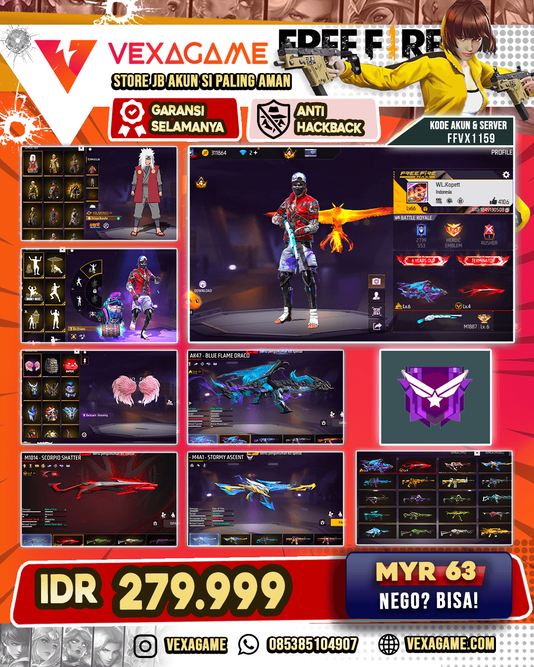 Bundle Jiraiya  | Backpack Grooving Plumes | AK47 Blue Flame Draco Lv 6 | SG Scorpio Shatter Lv 4 | Groza Yuji Itadori | M4A1 Stormy Ascent