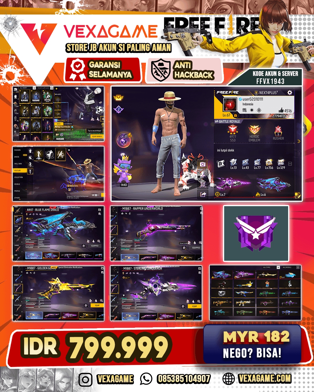 Bundle Blue Lock | Topi Jerami | Rambut Kakashi | Nyeker ON | Animasi END | SG Rapper X SG Sterling Lv MAX | AK47 Blue Flame Draco OTW MAX | SG Golden Glare | Tinju MAX